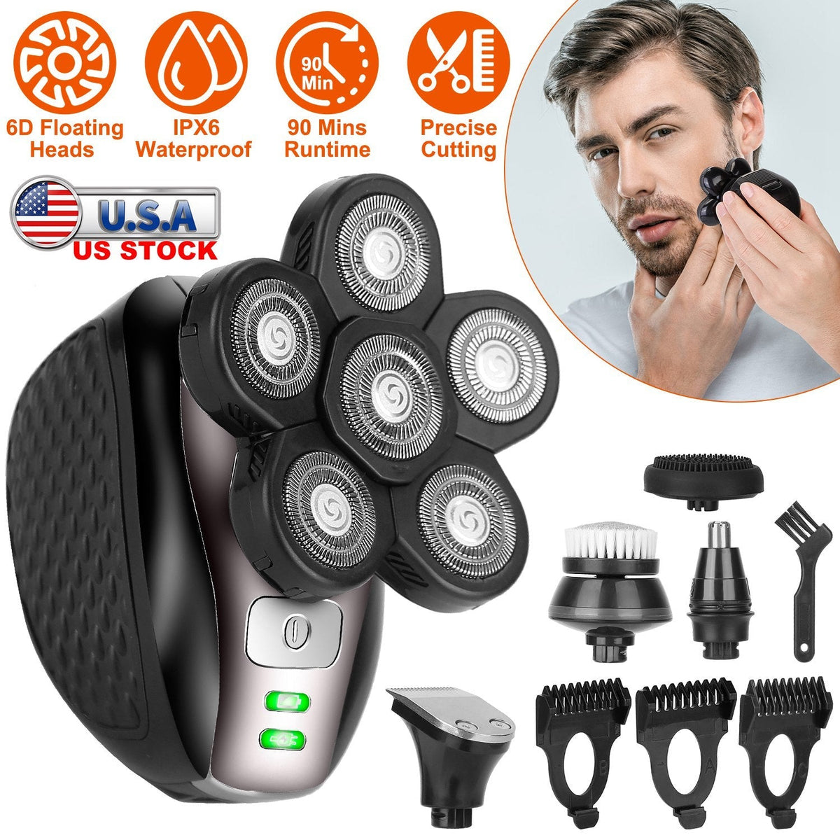 5 In 1 Electric Razor For Bald Men Rechargeable Cordless Head Beard Trimmer Shaver Kit IPX6 Waterproof Dry Wet Grooming Kit with 3 Combs