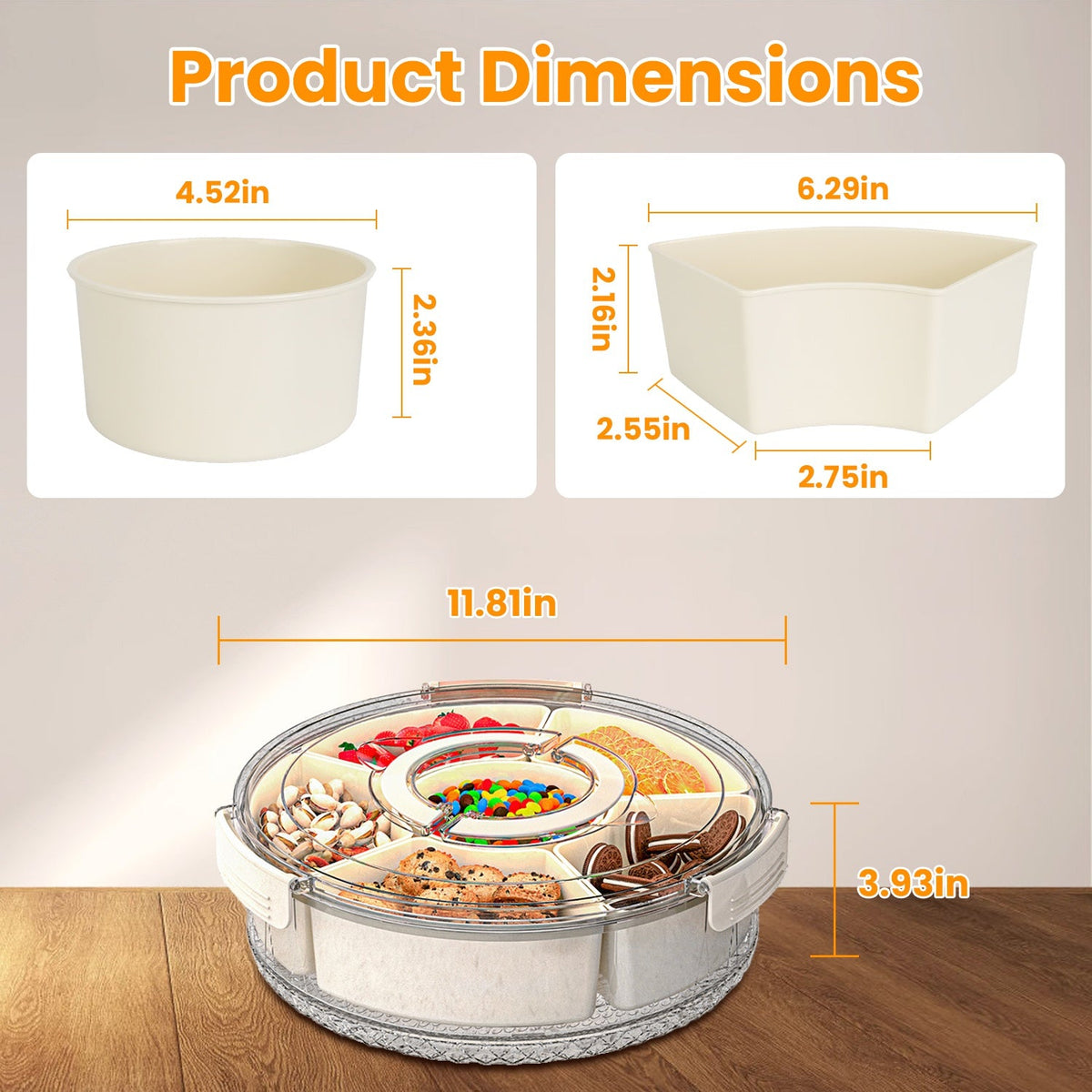 2Pcs Divided Serving Tray with Lid and Handle 360¡ Rotatable Snack Box Container with 6 Dividers Clear Portable Snack Platters for Fruit Candy Nut Sna