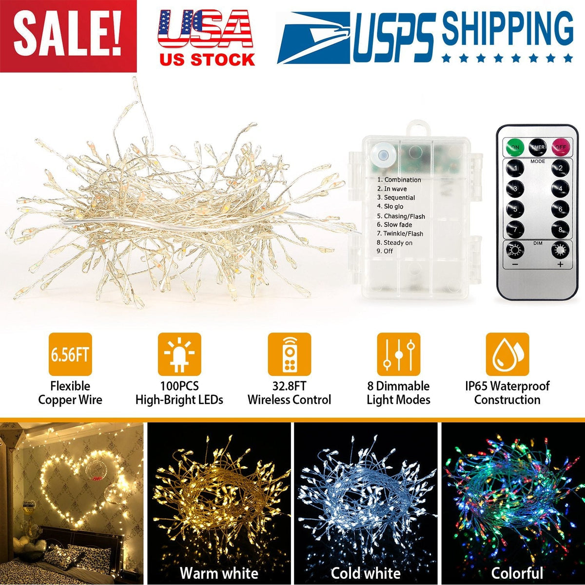 2M 100 LED Fairy String Lights Copper Wire w/Remote Control Party Xmas Decore Lights