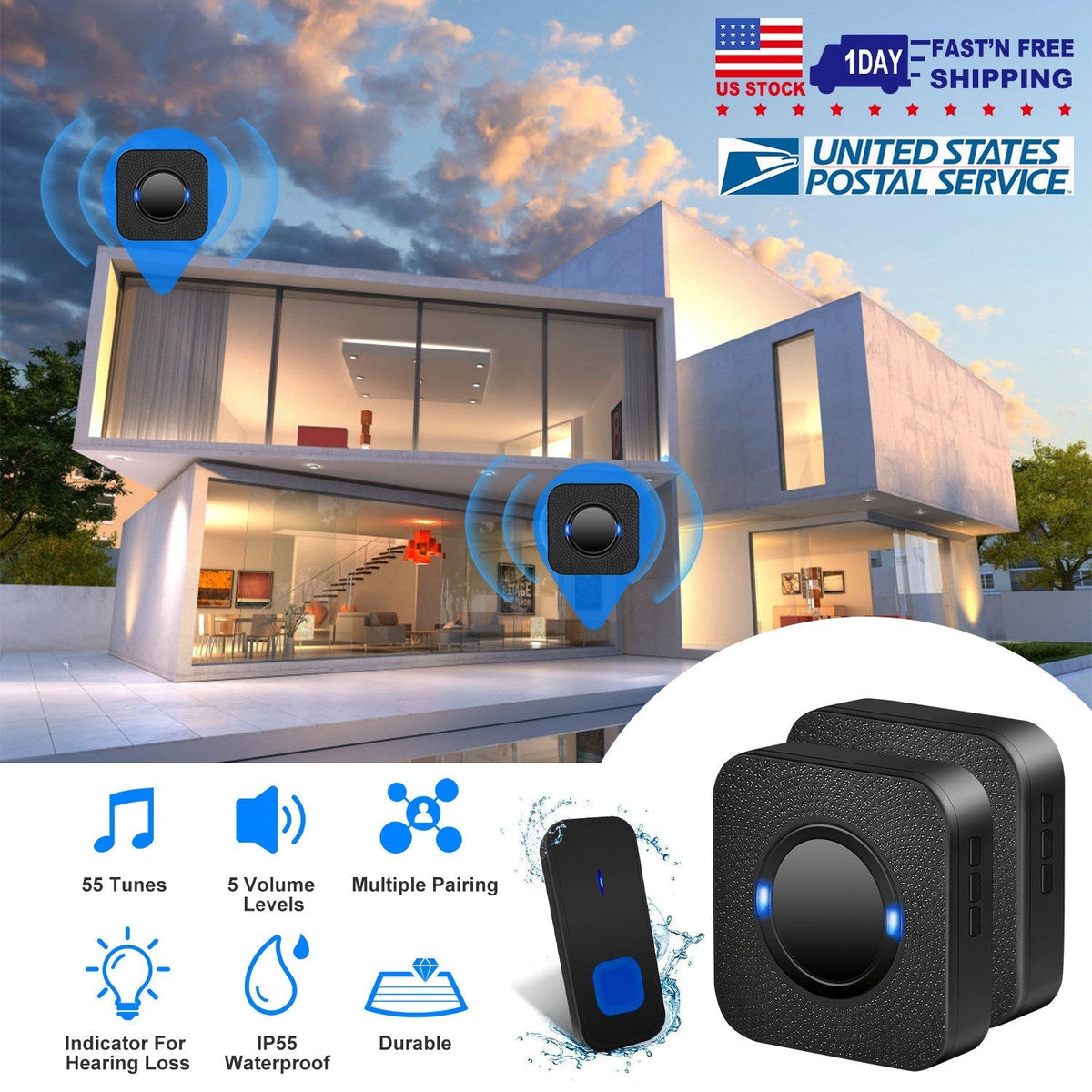 Wireless Doorbells Bells IP55 Waterproof 984ft Cordless Doorbell Chimes 55 Chimes W/ 2 Plug Receivers for Office Apartment House
