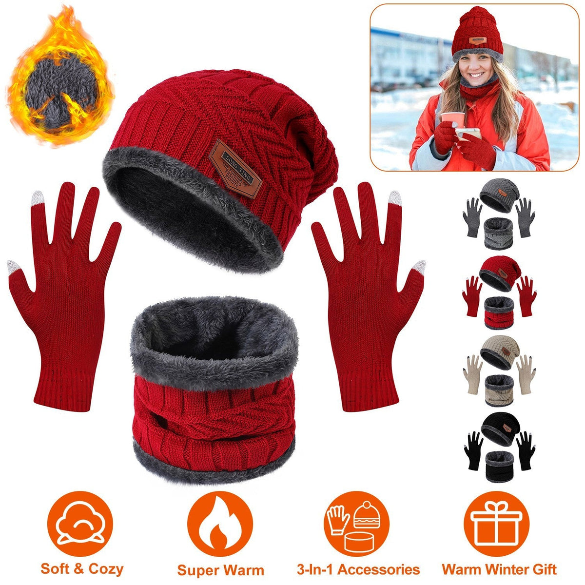 Winter Knitted Hat Scarf Gloves 3Pcs Winter Warm Beanie and Touch Screen Gloves Scarf Set Knit Beanie Skull Cap Neck Warmer Mittens for Men Women