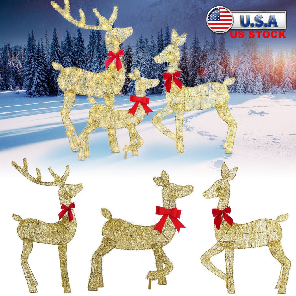 3 Pieces 2D Lighted Christmas Deer Family Set Indoor Outdoor Light Up Reindeer Decorations Lighted Buck Doe Fawn Display with 8 Lighting Modes