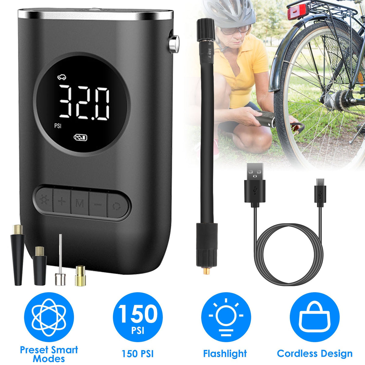 Car Tire Inflator Pump Portable Car Air Compressor Wireless Electric Air Pump 150 PSI with LED Light