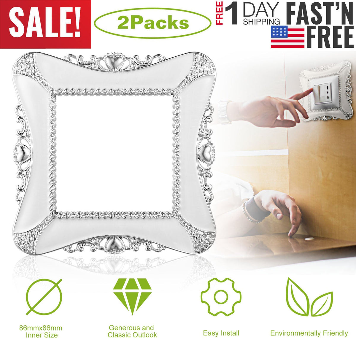 2 Packs Decorative Switch Cover European Romantic Wall Plate Protector w/Adhesive Sticker UK Style for Living Room Bathroom Kitchen