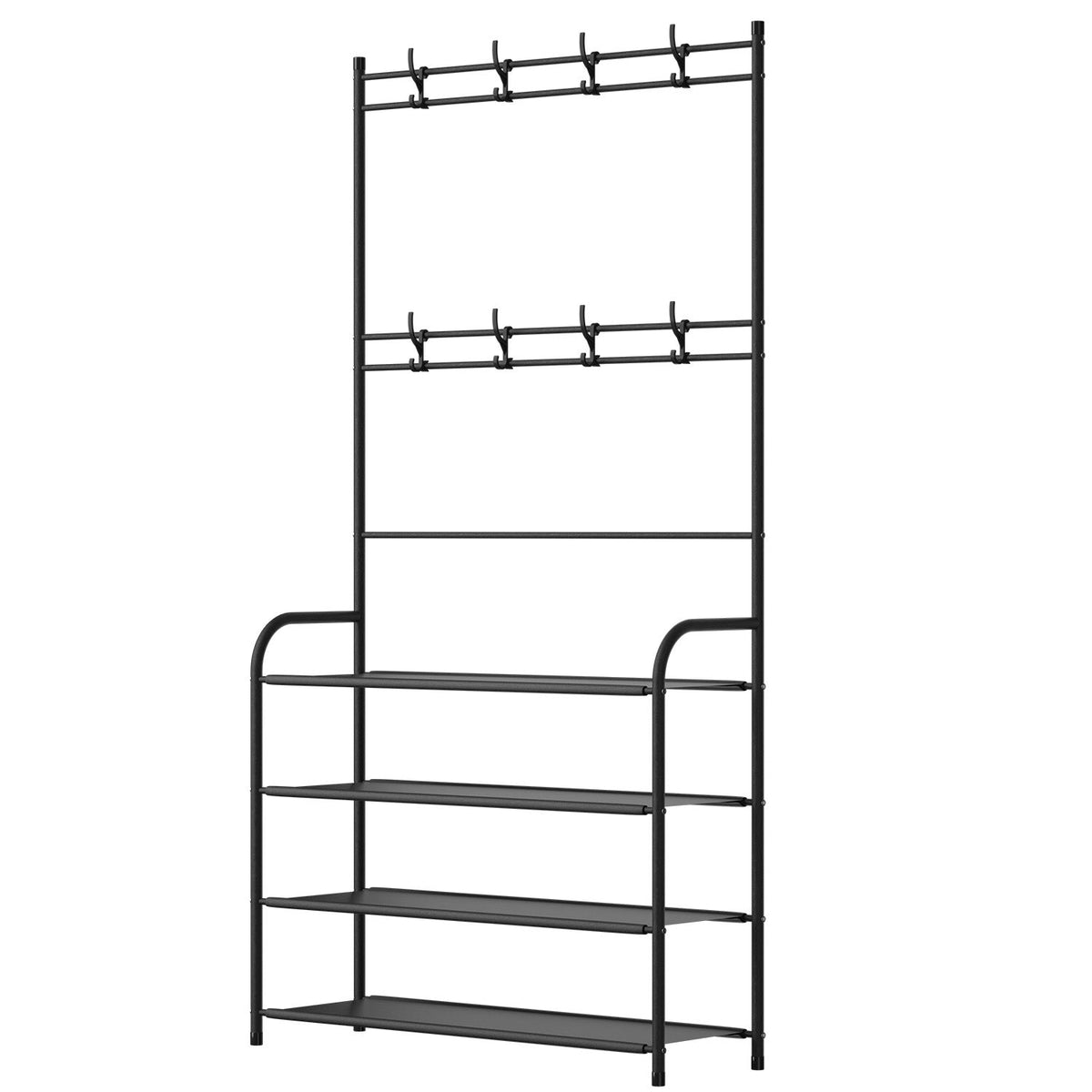 Entryway Coat Hat Rack Shoe Storage Shelf 4 Tier Shoe Rack Freestanding Hall Tree Garment Hanger Stand Clothes Shoe Organizer Combo