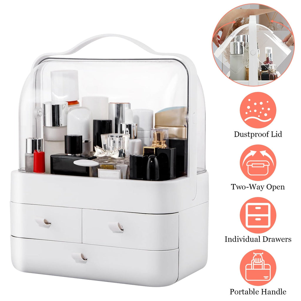 3 Tiers Makeup Organizer Cosmetic Storage Box with Dustproof Waterproof Lid Portable Handle Drawers Cosmetic Display Case for Bathroom Bedroom Dressin