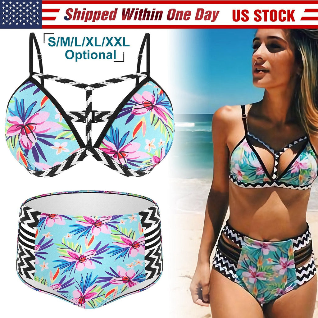 Bikini Swimsuit For Women Floral Padded Push Up Bikini Sets Two Pieces High-Waist Swimwear w/ Adjustable Shoulder Straps For Beach Swimming Pool