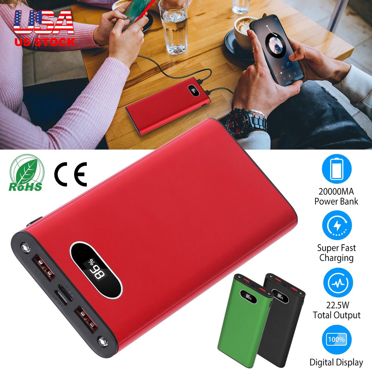 20000Mah Power Bank Portable Charger External Battery Pack 22.5W Super Fast Charging with LED Display Flashlight Fit for iPhone Samsung