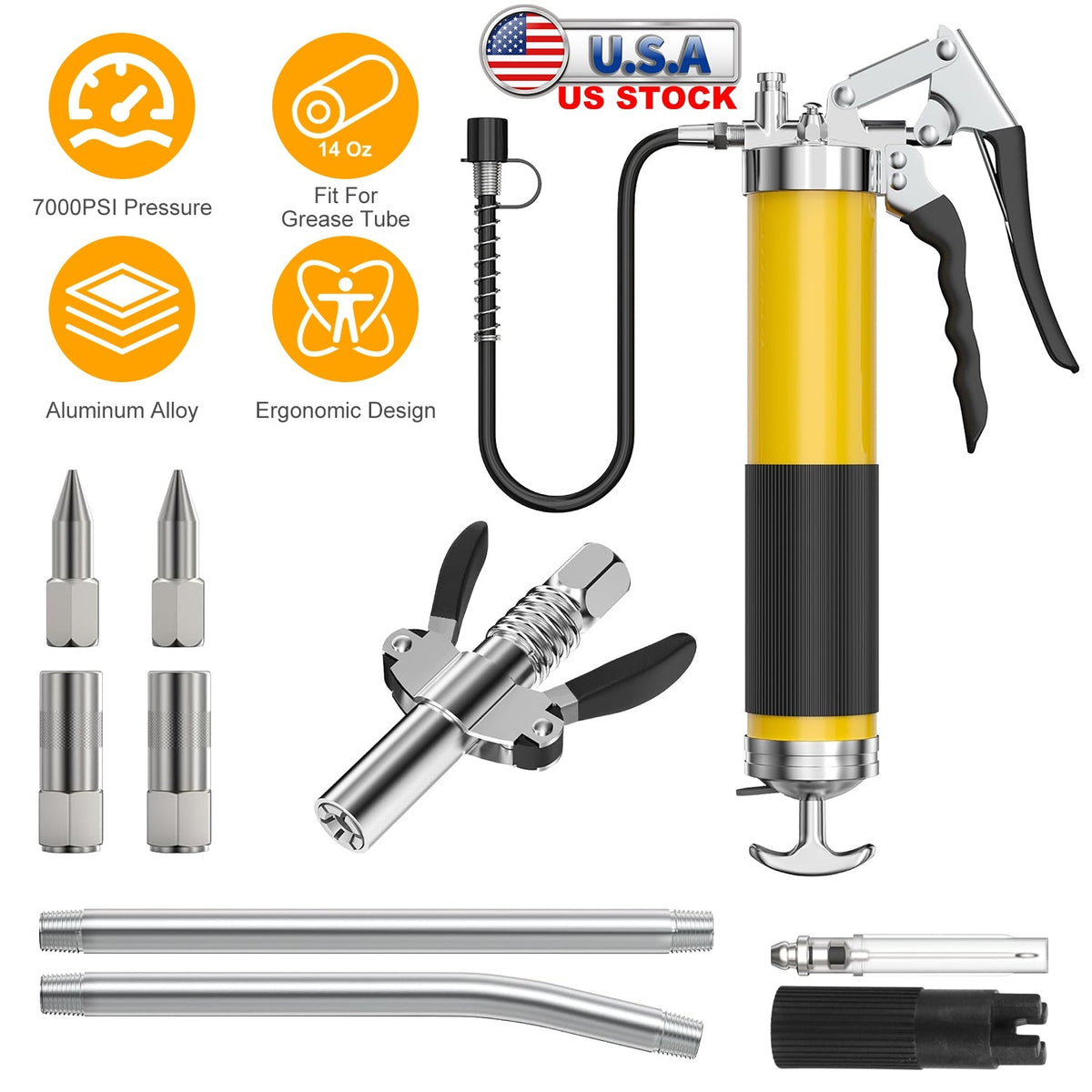 Grease Gun Kit Fit for 14 Oz Grease Tube 7000 PSI High Pressure Pistol Grip Grease Gun with Lock Coupler 11.8Ó Spring Flex Hose Jaw Couplers Sharp Noz