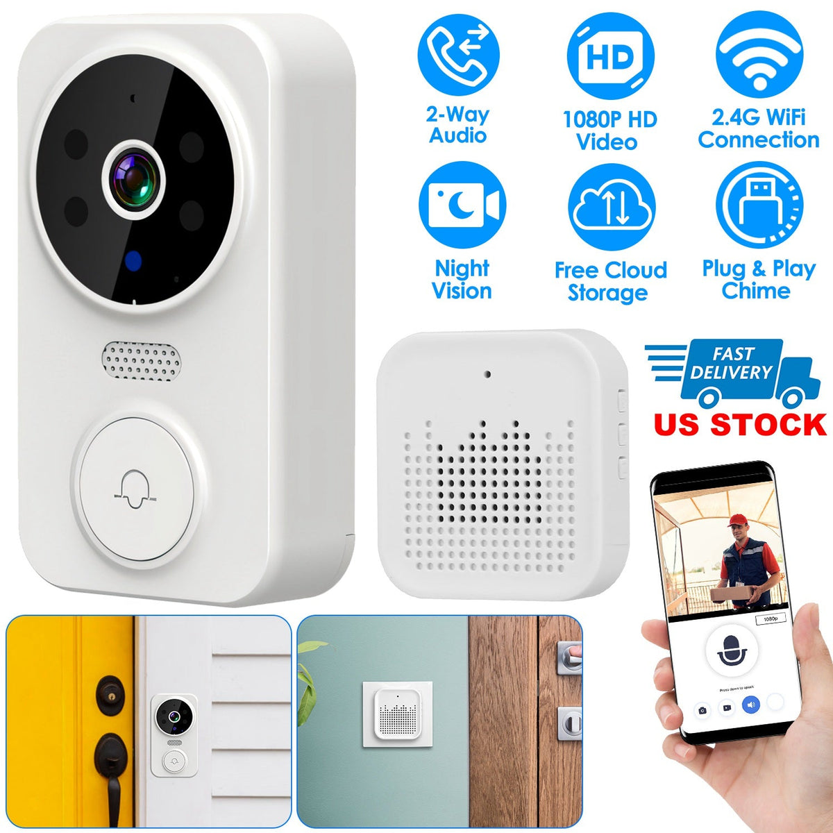 WiFi Security Doorbell Camera with Volume Adjustable Wireless Chime 1080P Camera Night Vision 2-Way Audio Free Cloud Storage