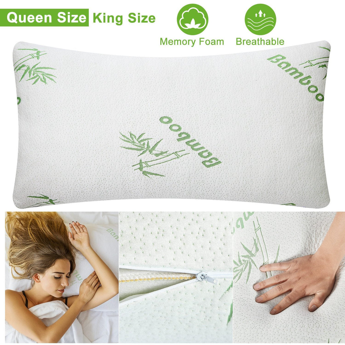 Bamboo Memory Foam Pillow Hypoallergenic Bed Pillow For Head Neck Rest Sleeping Shredded Pillow W/ Washable Cover