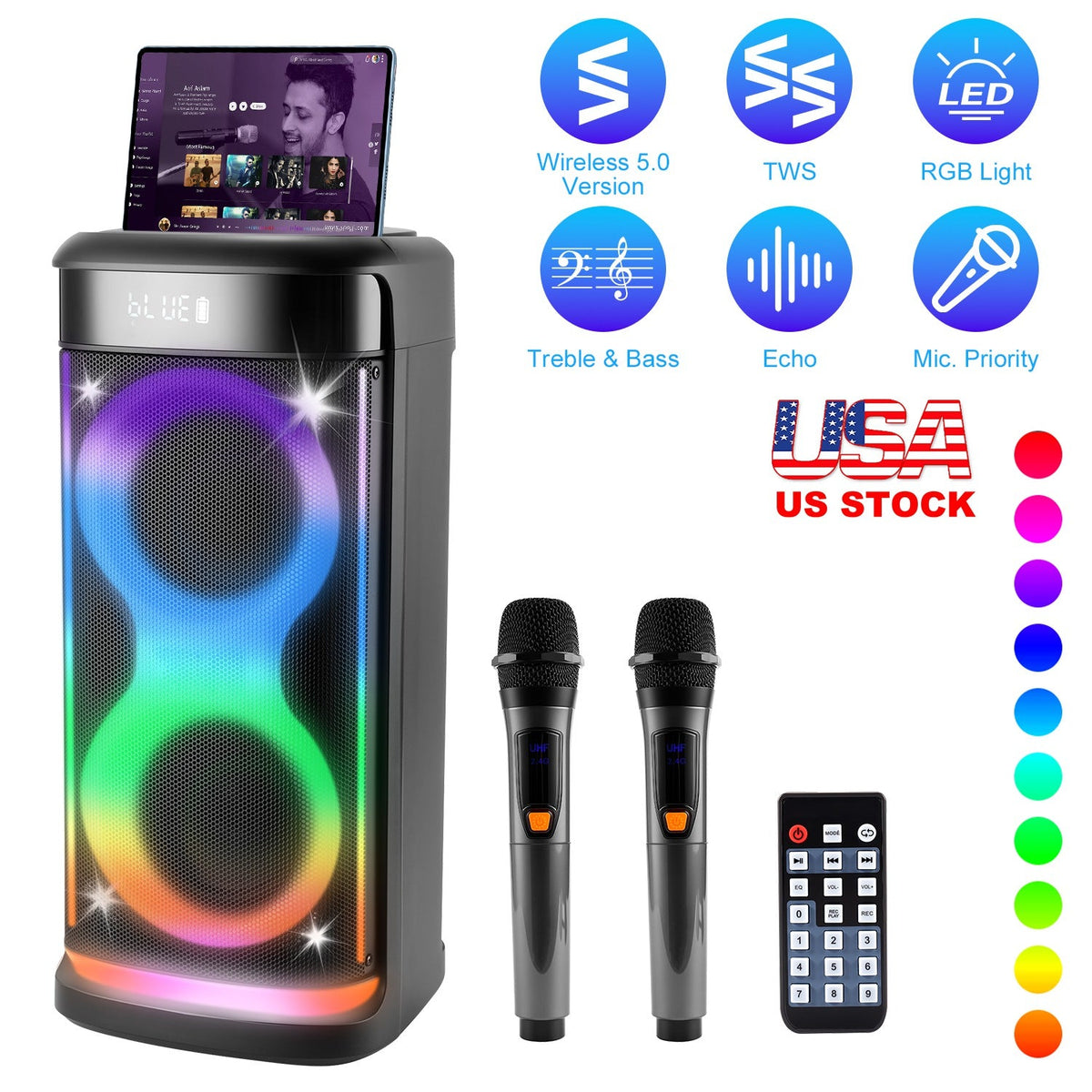 Portable Wireless Party Speaker | LED Lights, 2 Wireless Mics, Remote, TWS & Guitar Input