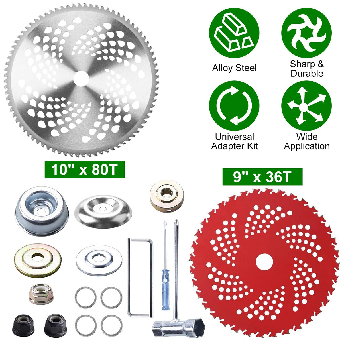 10" x 80T 9" x 36T Carbide Tip Brush Cutter Blades with Universal Adapter Kit Alloy Steel Blades Compatible with Brush Cutter Trimmer Weed Eater