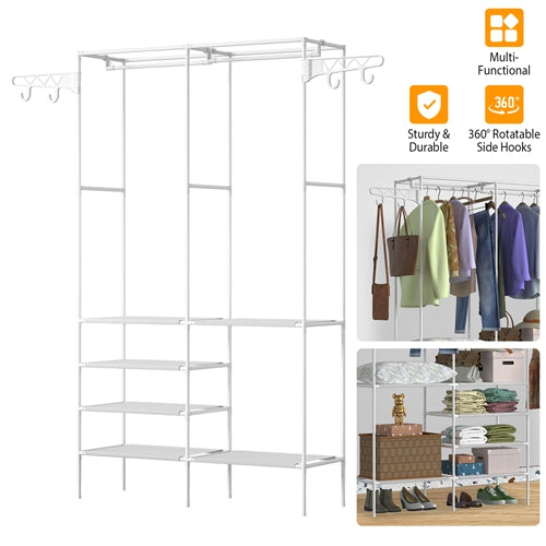 Metal Garment Rack Shoe Clothing Organizer Shelves Freestanding Multifunctional Clothes Wardrobe