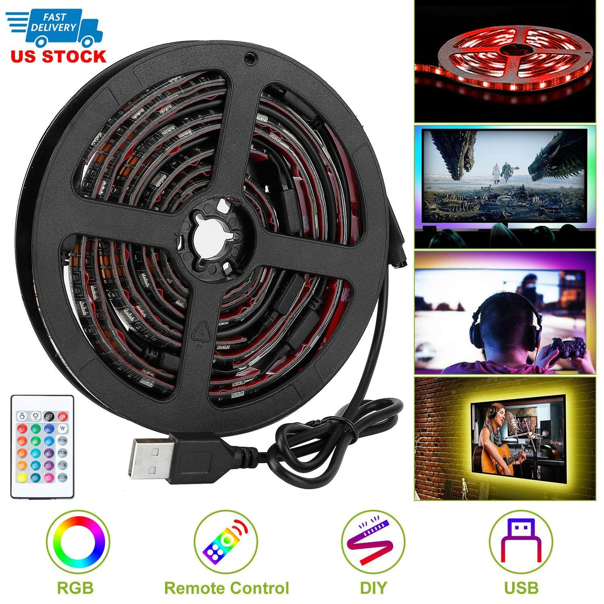 TV LED Backlight Strip 6.56ft Waterproof RGB Strip Light USB Monitor Lighting Kit w/ Remote Controller 16 Colors For 40-60 in TV