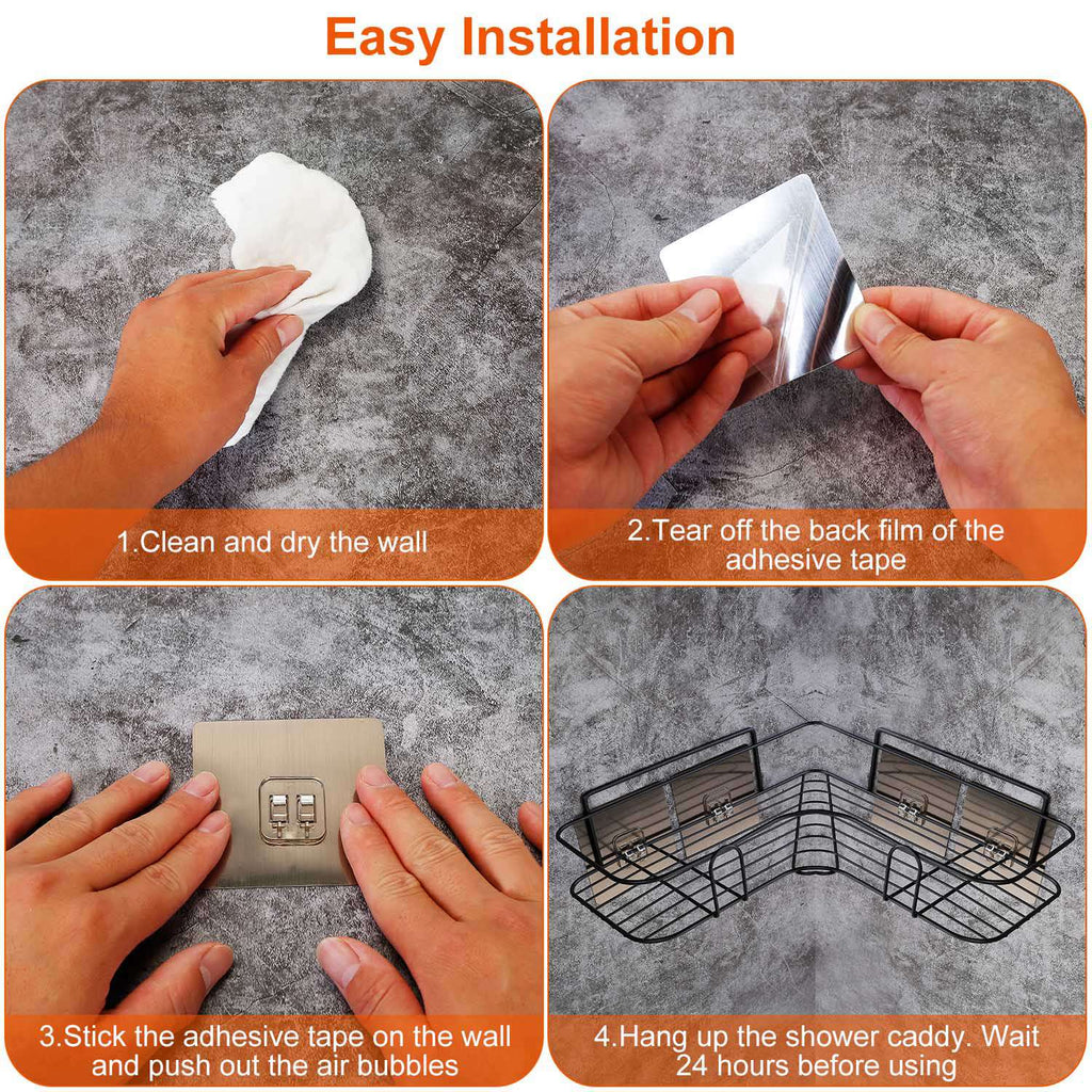2Pcs Corner Shower Caddy Shelves Wall Mounted Basket Rack Bathroom Shampoo Holder Storage Organizer W/ 8Pcs Adhesive Hooks For Toilet Dorm Kitchen