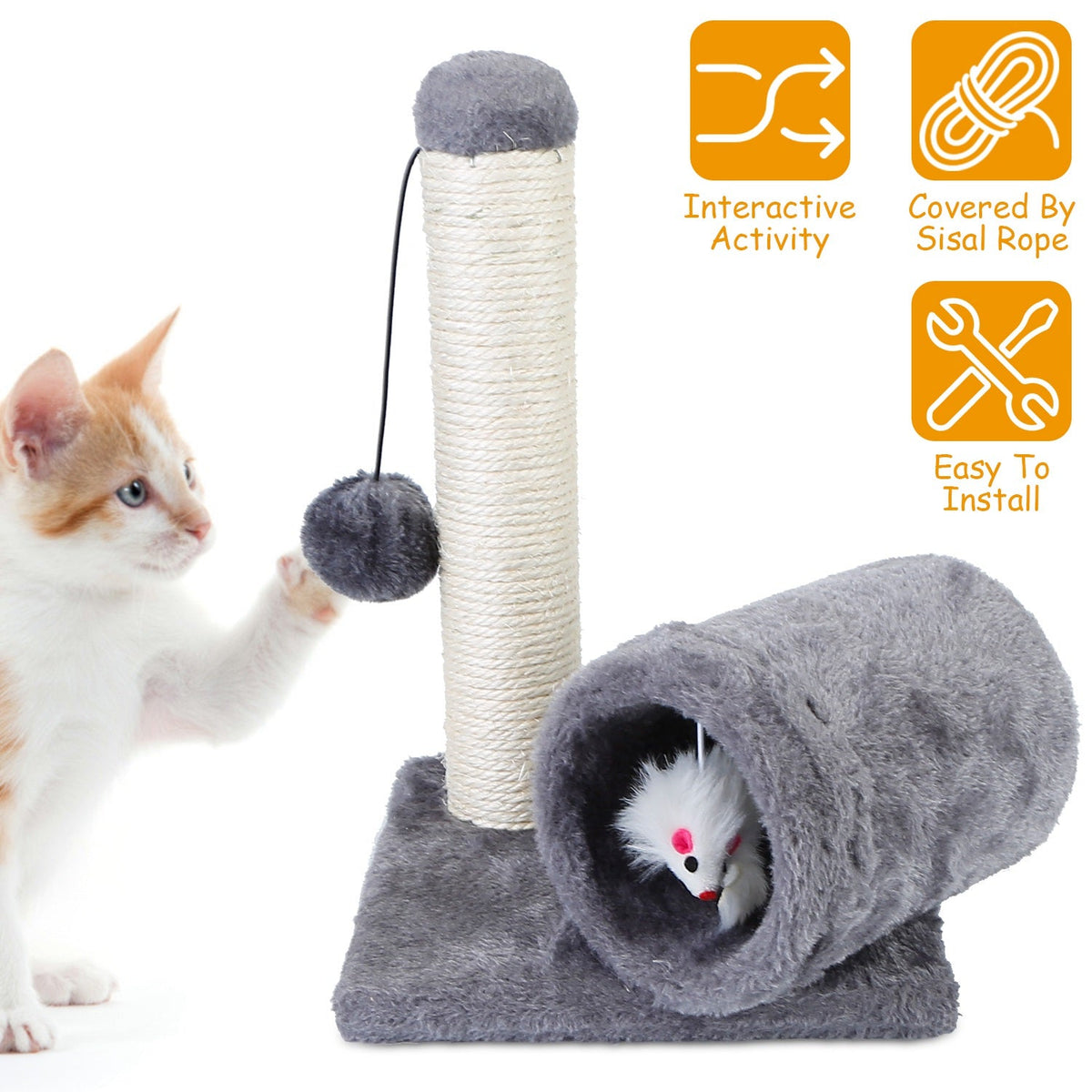 Cat Scratching Post Cat Kitten Sisal Scratch Post Toy w/ Tunnel & Lifelike Mouse Toy Pet Activity Play Fun