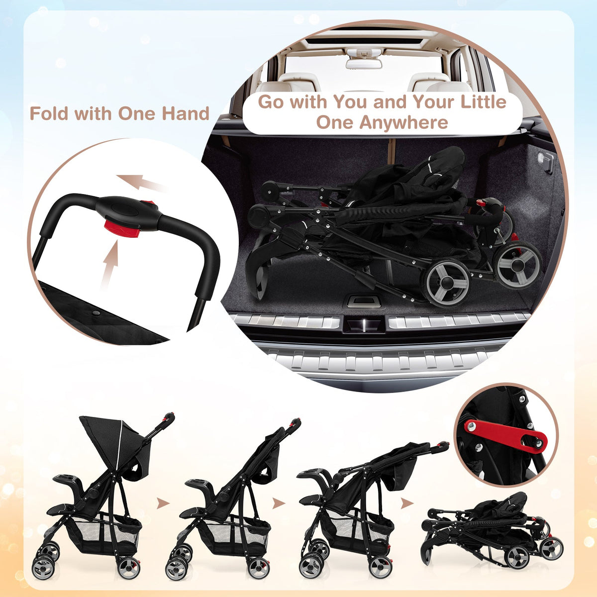 Toddler Travel Stroller for Airplane with Canopy and Adjustable Backrest-Black