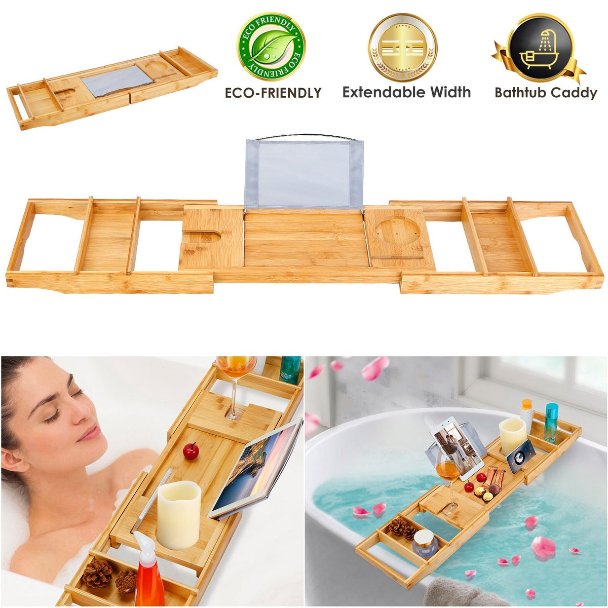 Bathtub Caddy Tray Crafted Bamboo Bath Tray Table Extendable Reading Rack Tablet Phone Holder Wine Glass Holder Shelf Desk Bathroom Spa