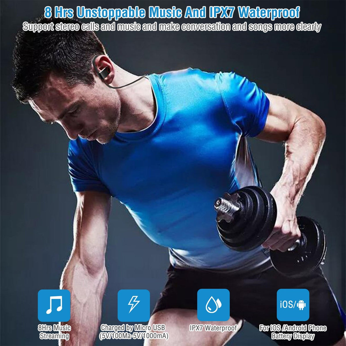 Wireless Headset IPX7 Waterproof Sport Headphones In-Ear Wireless4.1 Stereo Earphone Noise Canceling Neck Earbuds w/Mic 8 Hrs Work Time for Running Hi