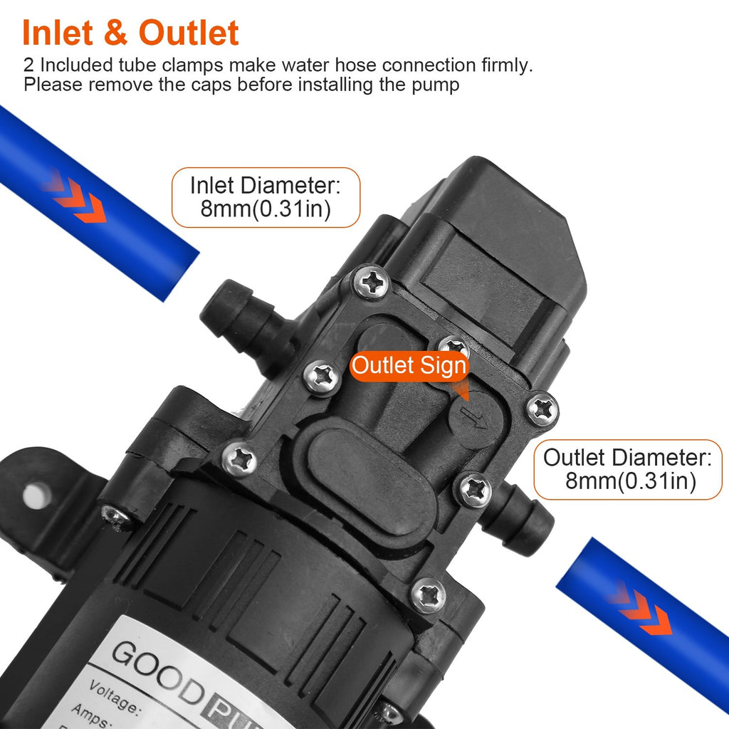 12V Water Pump with 2 Hose Clamps 130PSI Self Priming Sprayer Pump 70W Electric Diaphragm Water Pump 6L/Min for RV Camper Marine Boat