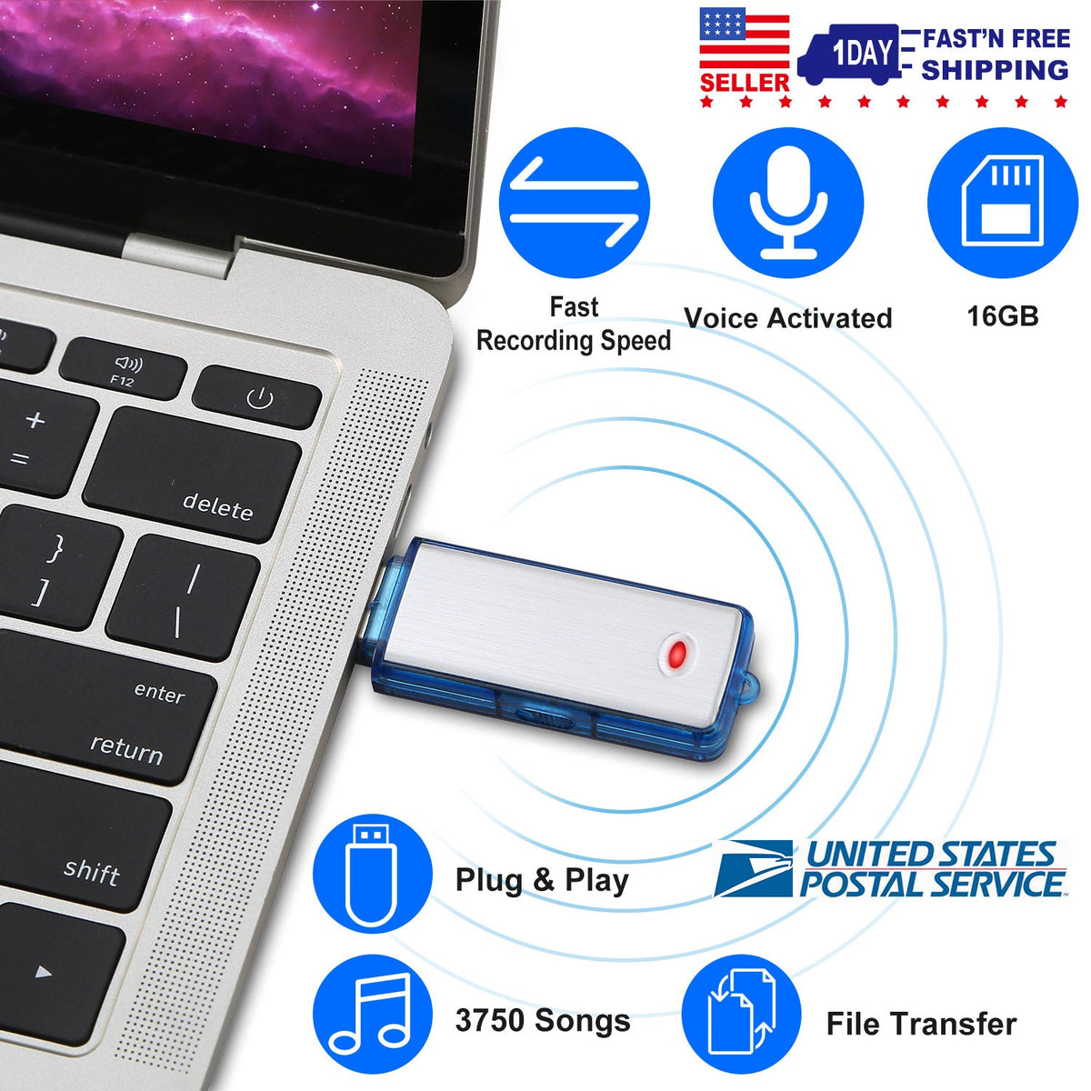 Mini Voice Recorder 16GB Digital Sound Audio Activated Recorder USB Flash Drive Disk w/ 192Hrs Recording U Disk Recorder For Meeting Lectures