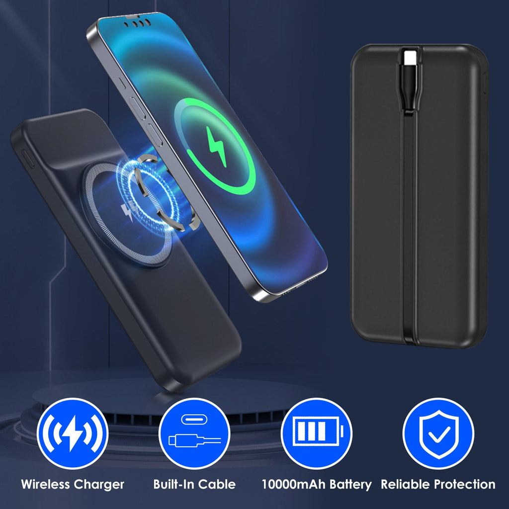10000mAh 22.5W Magnetic Wireless Power Bank PD Fast Charging Portable Charger with Built-in Type-C Cables 15W Wireless Charging