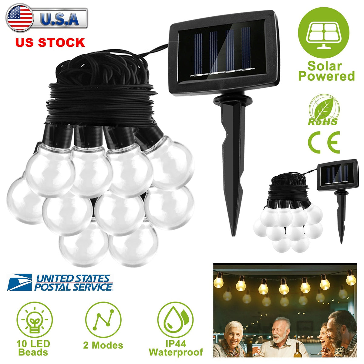 10LED Solar String Bulb Fairy Light Outdoor String Lamps Garden Xmas Decor Lamp