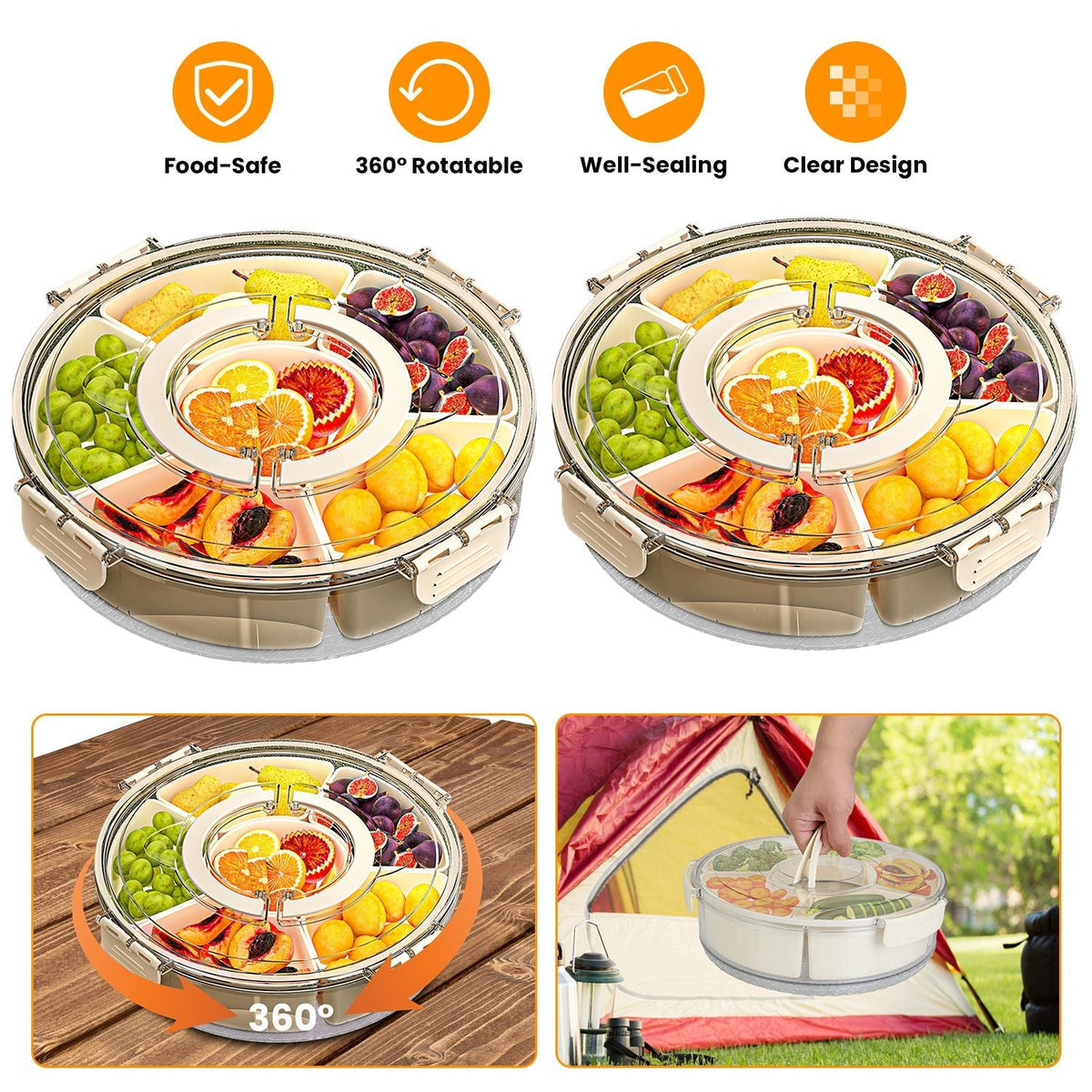 2Pcs Divided Serving Tray with Lid and Handle 360¡ Rotatable Snack Box Container with 6 Dividers Clear Portable Snack Platters for Fruit Candy Nut Sna