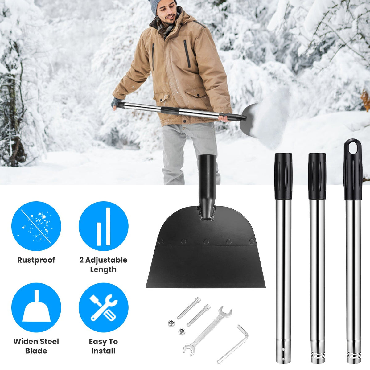 53In Flat Snow Shovel Ice Scraper Manganese Steel Snow Ice Chopper for Walkway Pathway Driveway Ice Removal Gardening Cleaning Scraper Shovel for Weed