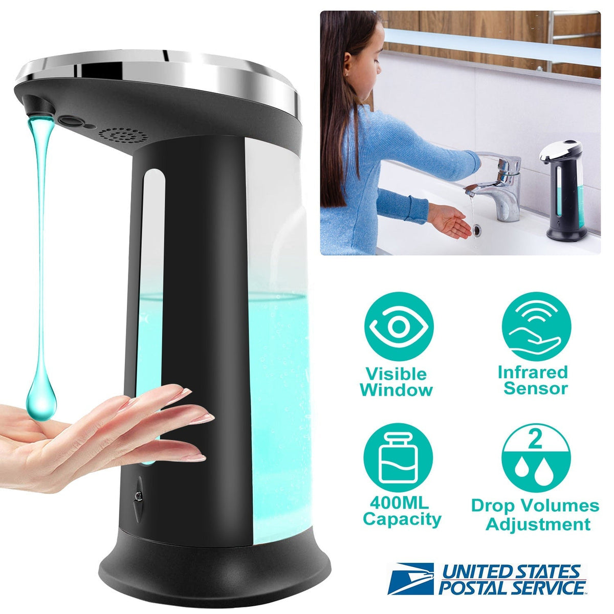 Automatic Soap Dispenser 400ML/16.9OZ Anti-slip Sensor Refillable Hand Gel Desktop Dispenser 2 Drop Volume Adjustment