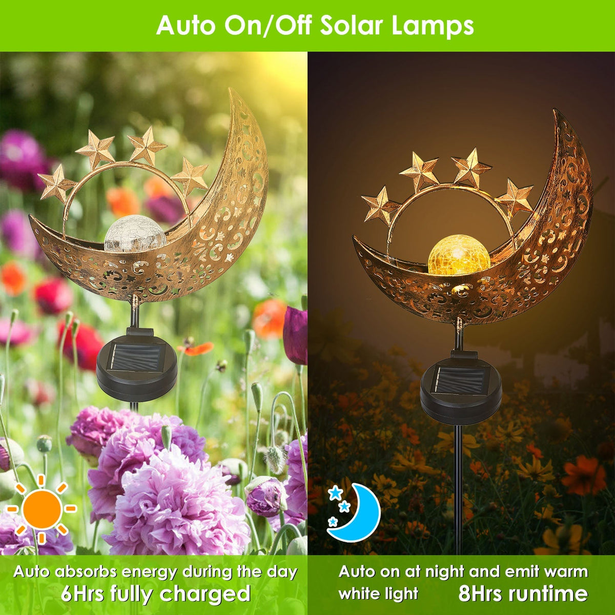 Solar Powered Moon Star Lamp IP54 Waterproof Decorative Lamp Crackle Glass Globe Stake Iron Lights For Garden Lawn Yard Driveway