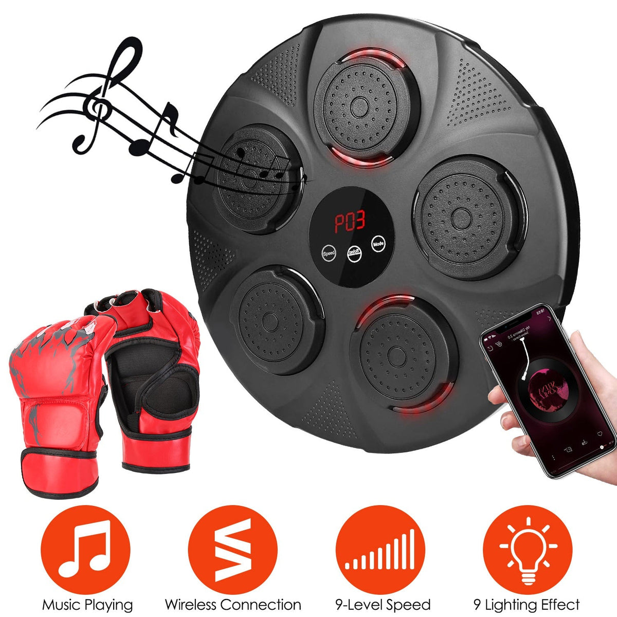 Music Boxing Machine Electronic Wall Target Punching Pad LED Lighted Sandbag Boxing Training Machine Exercise Equipment with Half Finger Adult Boxing