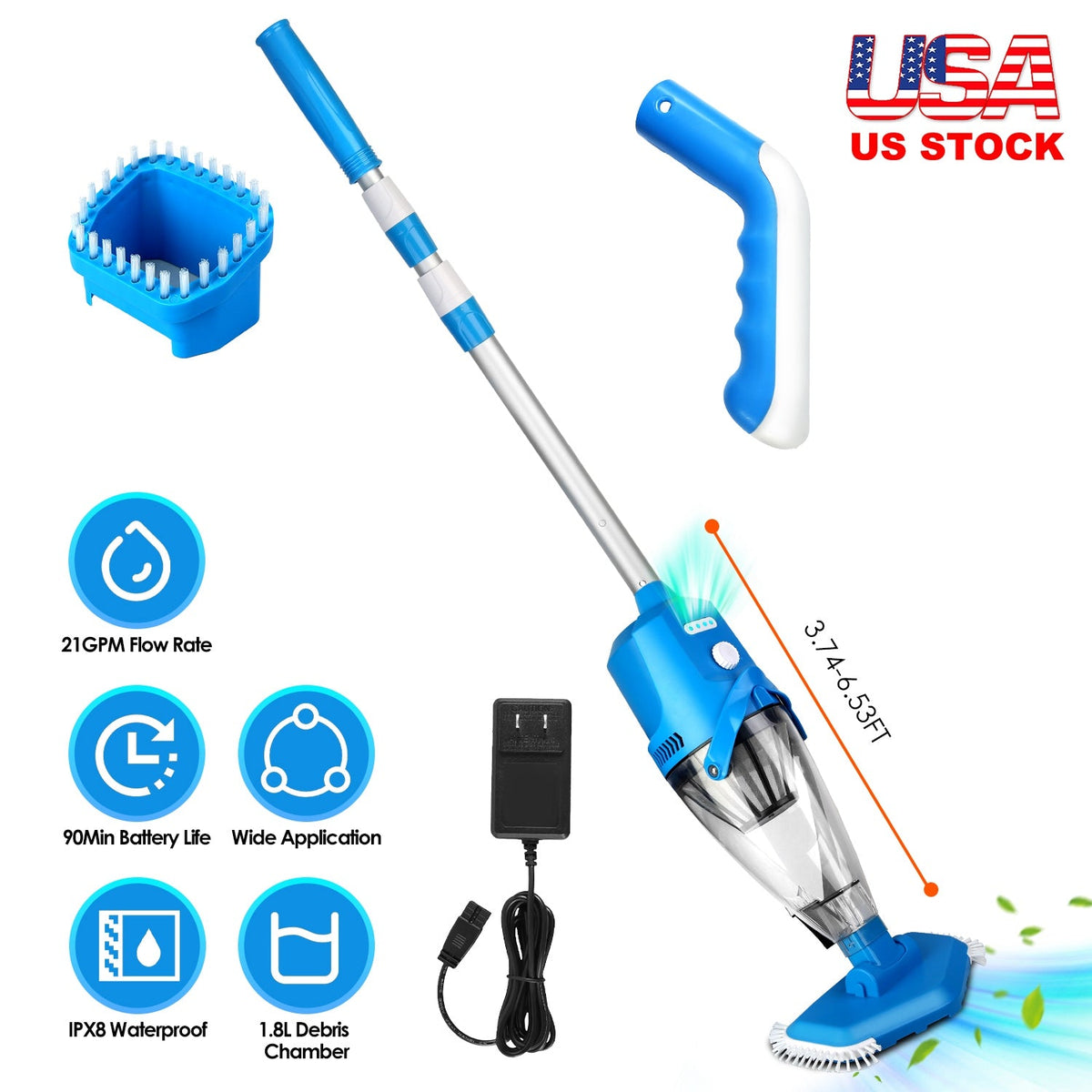 21GPM Cordless Pool Vacuum With Telescopic Pole Rechargeable Swimming Pool Cleaner with 1.8L Debris Chamber 90Mins Battery Life for In-ground Above-gr