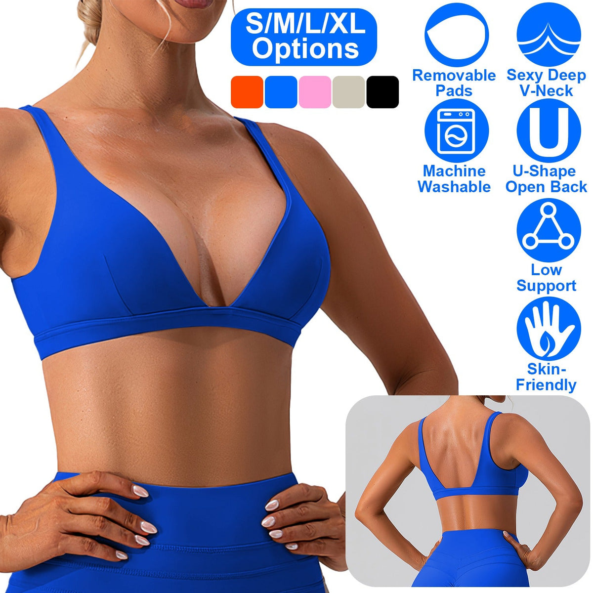 Women Deep V-Neck Sports Bras U-Shaped Back Sport Bras Padded StrappyÊCrop Open Back Low Impact Bras SexyÊFitnessÊTank Tops with Removable Pads for Gy