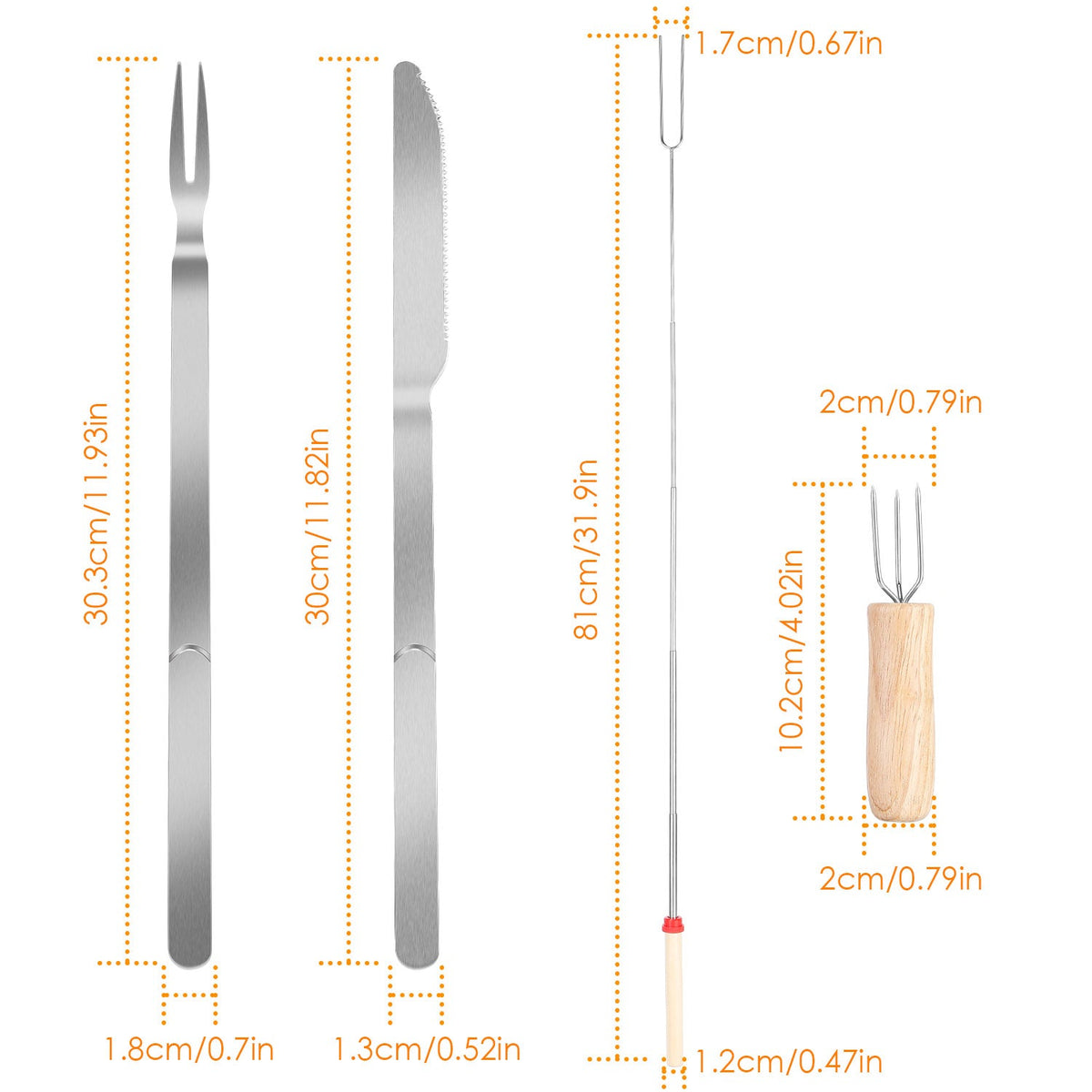 Stainless Steel Roasting Sticks Set 31.9in Extendable Telescoping Marshmallow Hot Dog Fork Skewers Set w/ Corn Needles Fork Knife For BBQ Fire Pit Cam