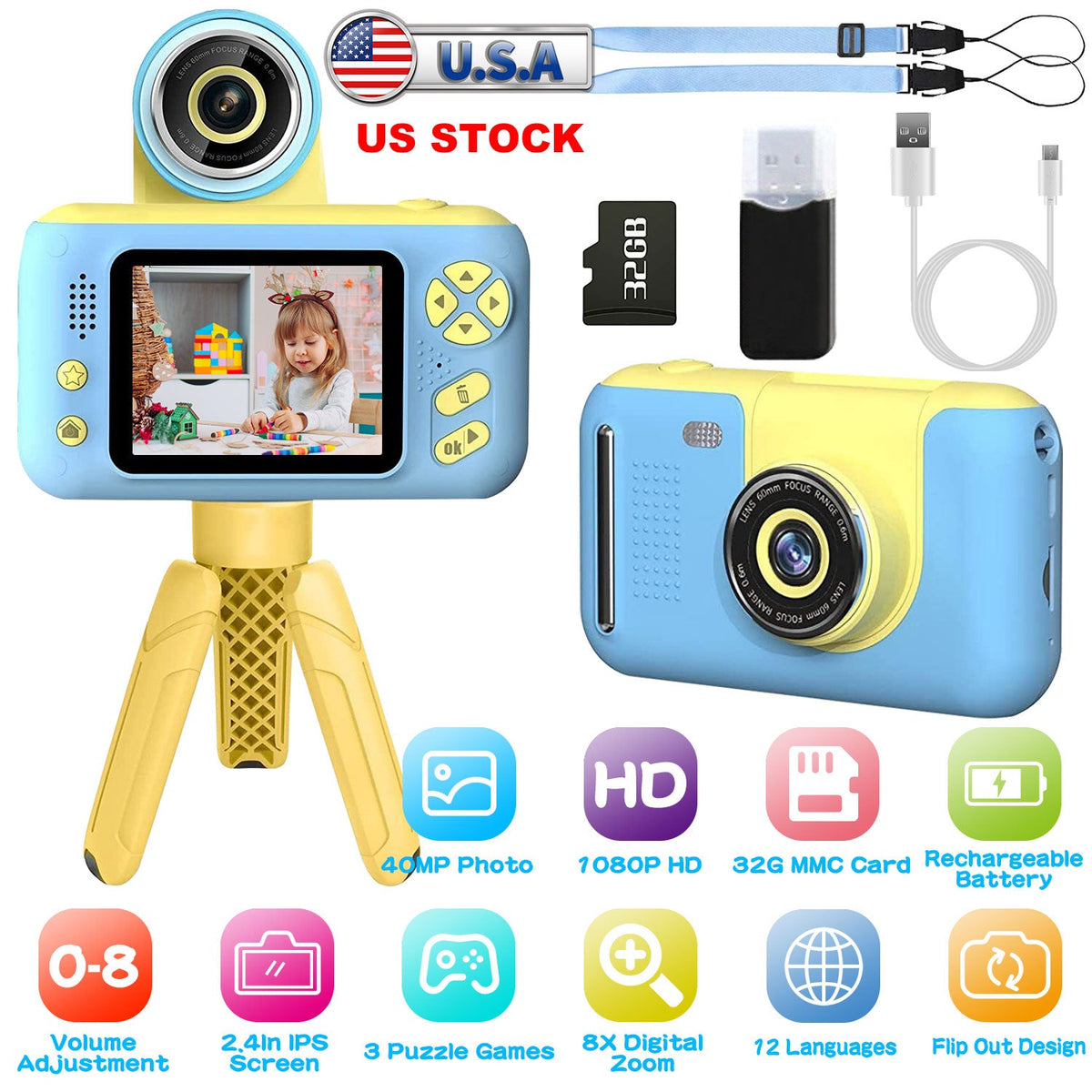 Kids Digital Camera with Flip Lens Children Video Camcorder Christmas Toy Birthday Gifts with Tripod 2.4in Screen 32G MMC Card for 3-10 Year Old Boys