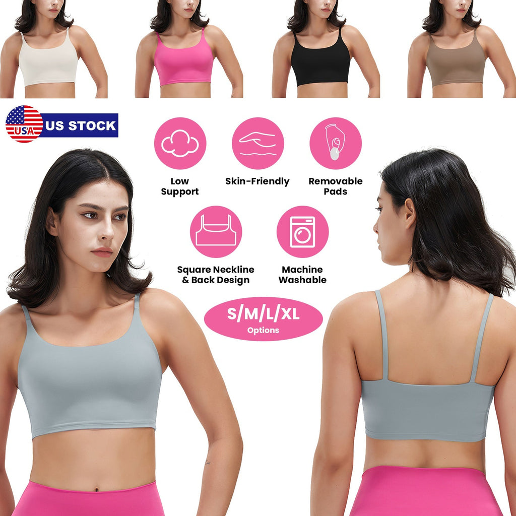 Women Strap Sport Bras Padded StrappyÊCrop Square Neck Low Impact Bras SexyÊFitnessÊTank Tops with Removable Pads Flat Straps for Gym Yoga Workout Run