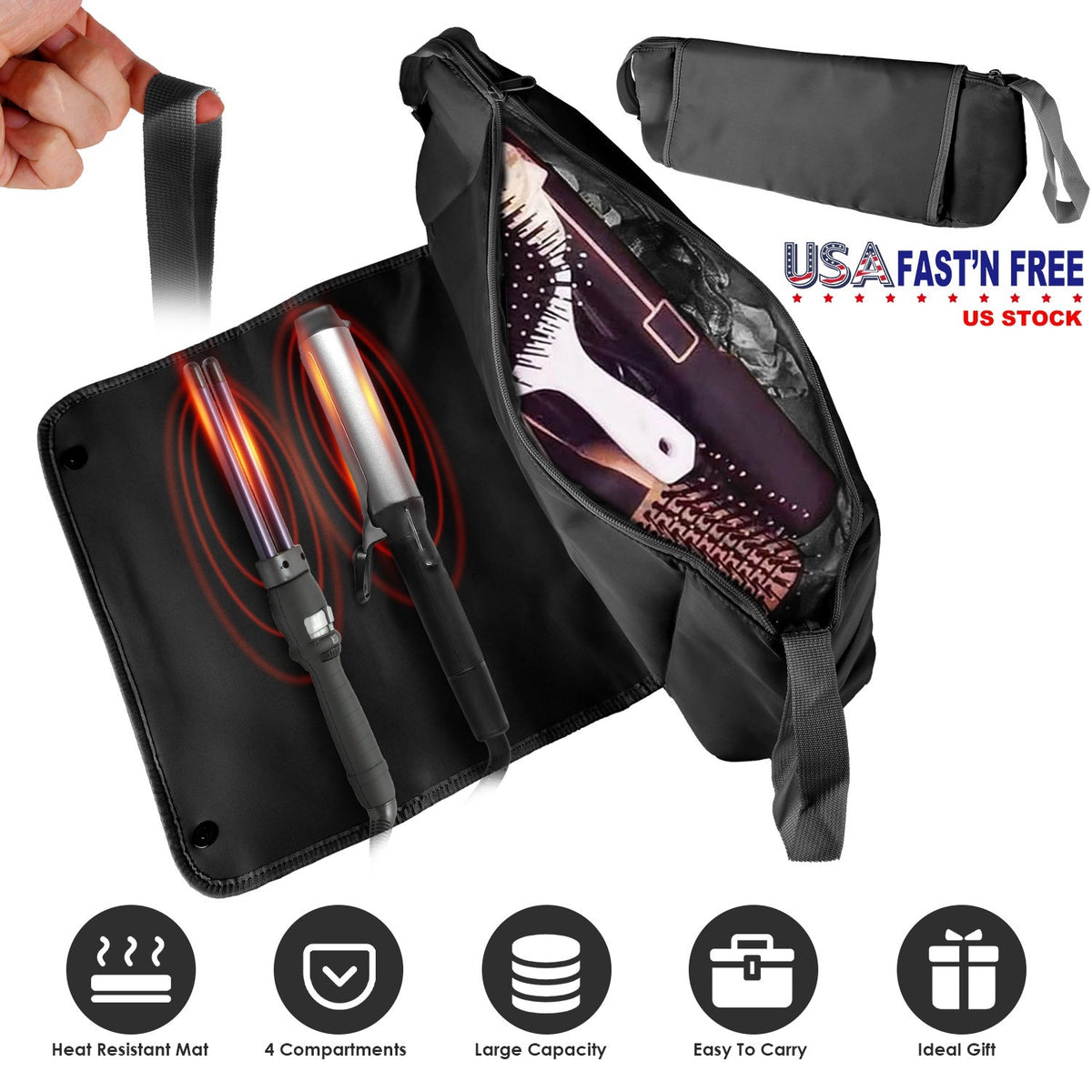 2 In 1 Hair Tools Travel Bag and Heat-resistant Mat Curling Iron Travel Case Hair Tool Pouch Holder Organizer for Curling Iron Straightener Hair Dryer