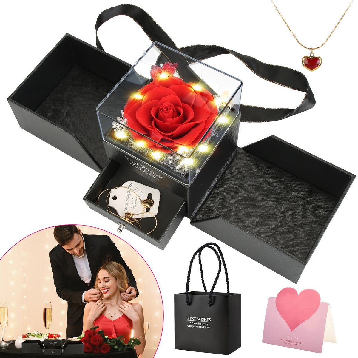 Preserved Red Real Rose with Heart Necklace Eternal Flowers Rose with Golden Necklace Gifts for Women Mom Wife Girlfriend Grandma on Valentine Mother