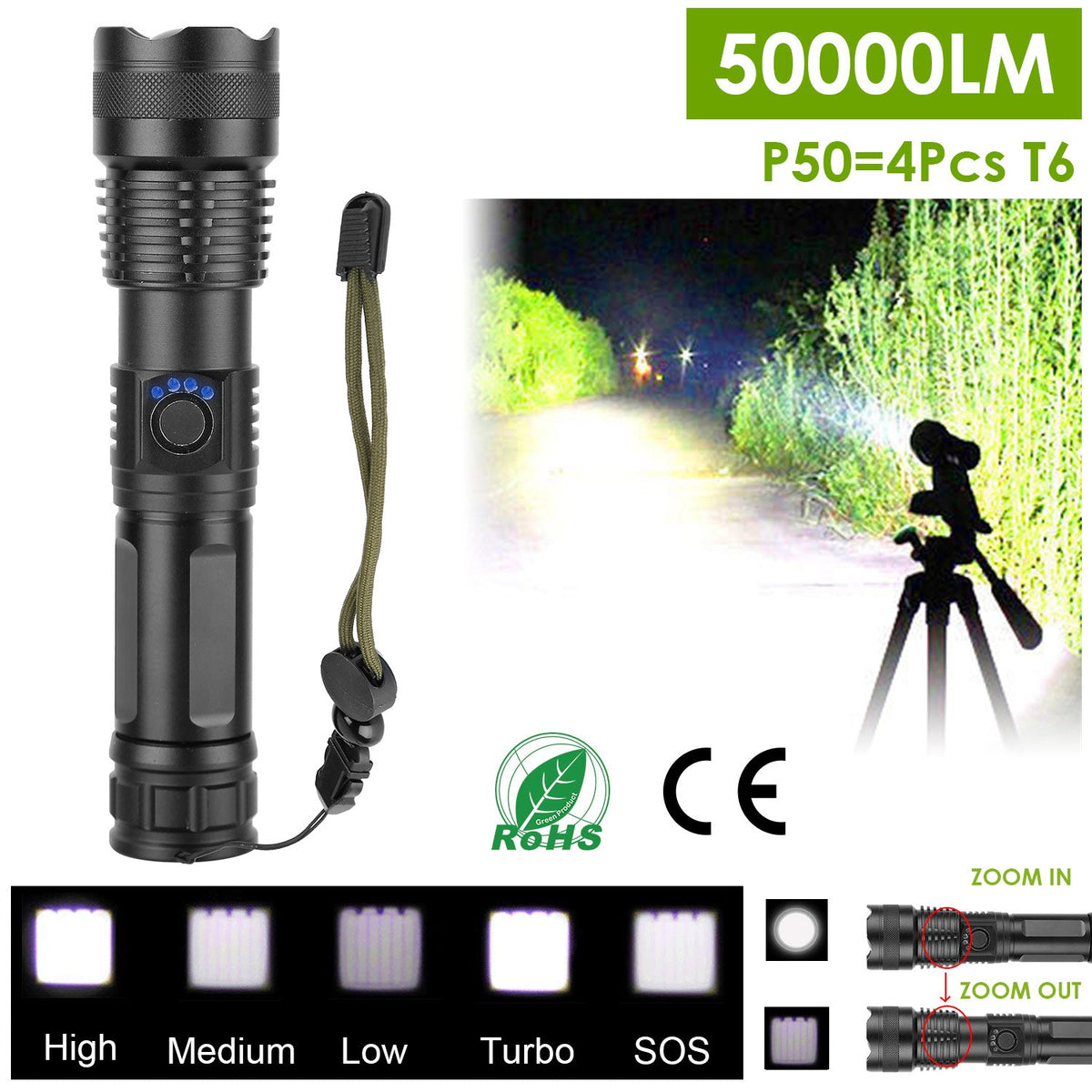 Tactical LED Flashlight Zoomable Rechargeable Search Light Torch 50000LM with 5Modes SOS Night Light For Night Walking Adventures