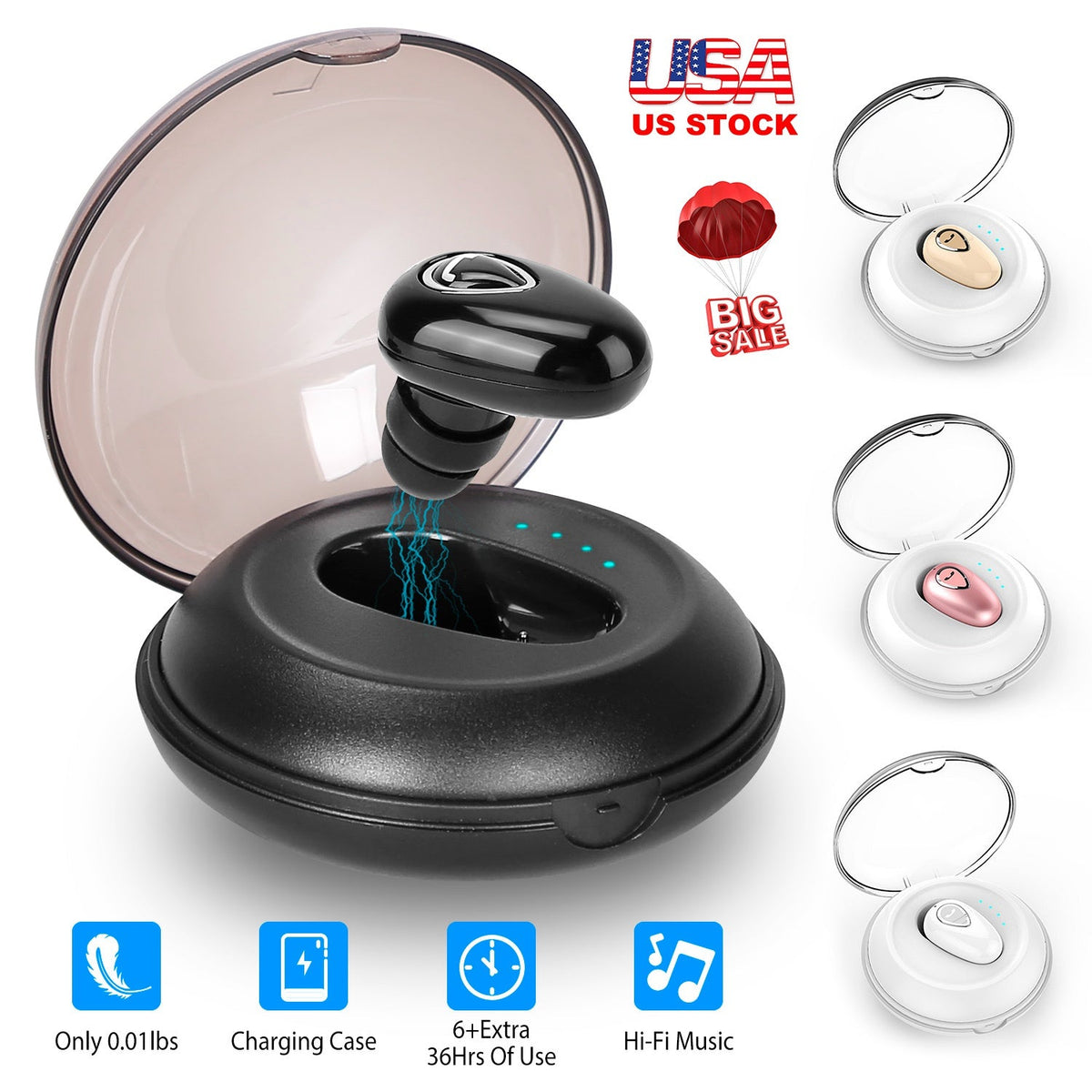 IPX5 Waterproof Unilateral Wireless Earbud Mini In-Ear Headset Rechargeable with Built-in Mic Charging Case Sweat Resistant Earphone