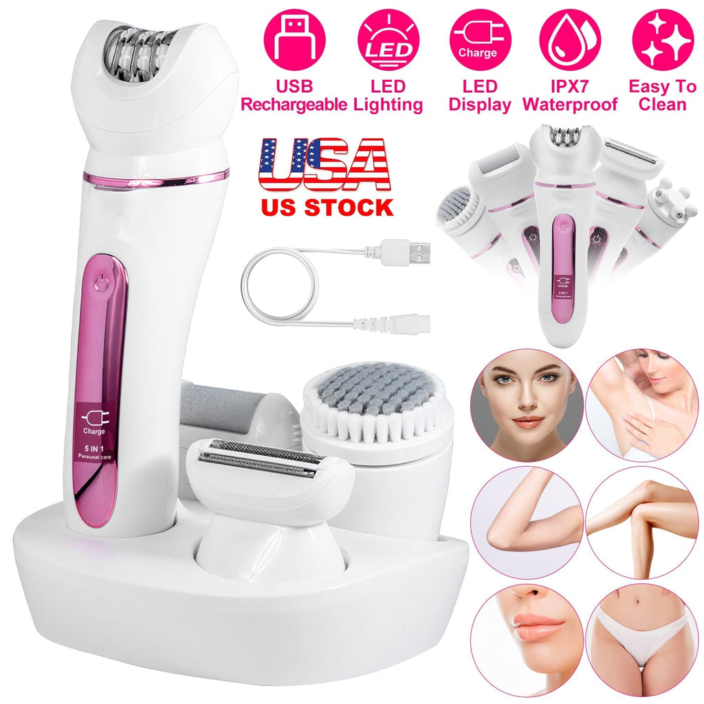5 In 1 Electric Body Epilator Rechargeable Women\'s Grooming Kit Epilator Shaver Facial Brush Callus Remover 5-Point Massager with LED Light LED Displ