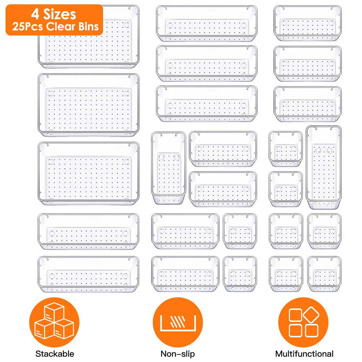25Pcs Clear Plastic Drawer Organizers Set 4 Sizes Desk Drawer Dividers Trays Storage Bins for Vanity Cabinet Makeup Bathroom Office Kitchen Bedroom Je