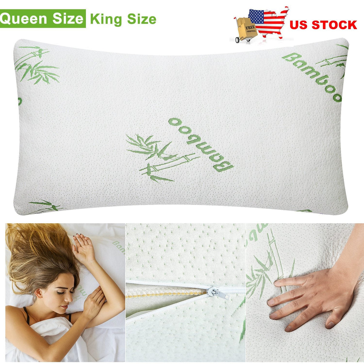 Bamboo Memory Foam Pillow Hypoallergenic Bed Pillow For Head Neck Rest Sleeping Shredded Pillow W/ Washable Cover
