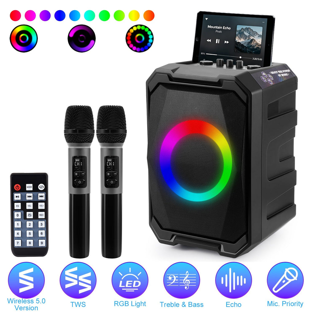 Portable Wireless Party Speaker | LED Lights, 2 Wireless Mics, Remote, TWS & Guitar Input