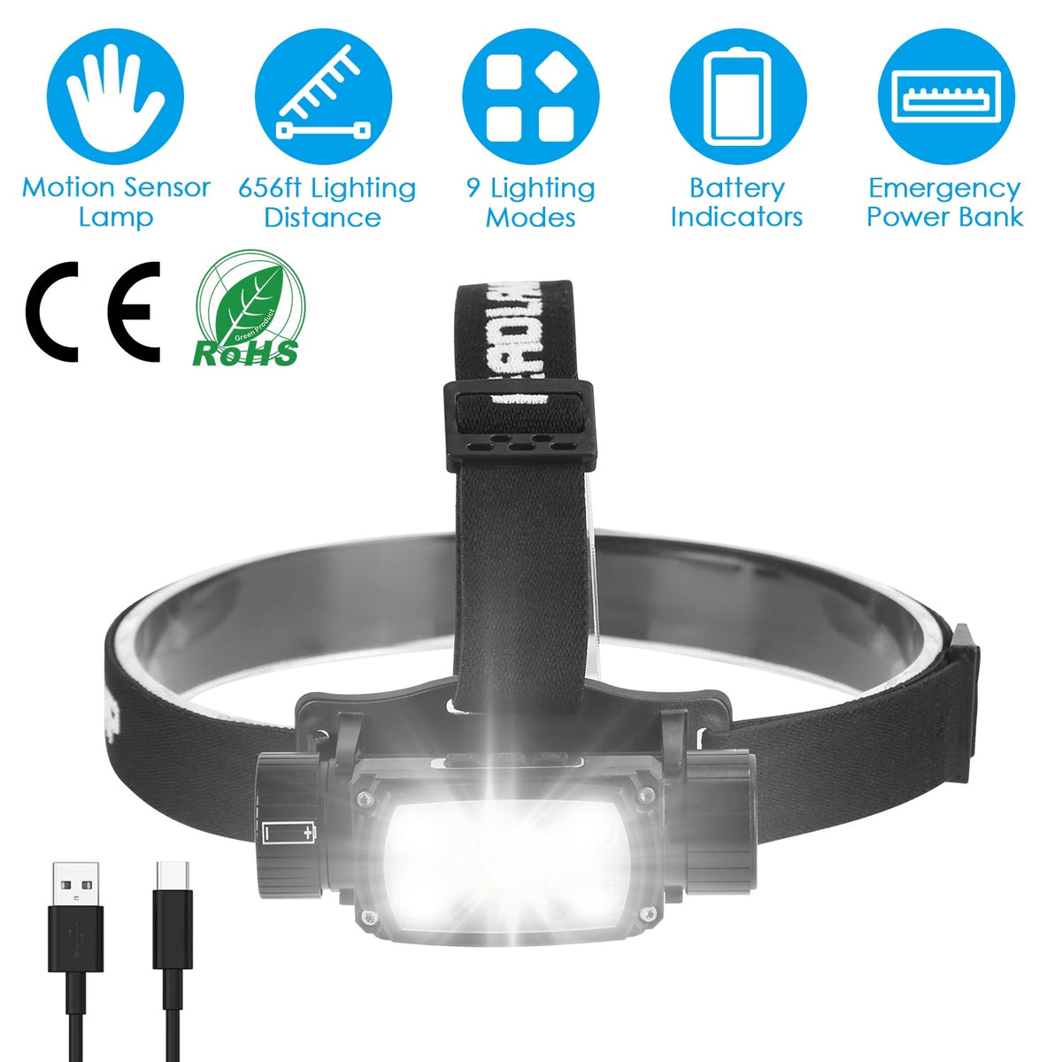 Rechargeable Motion Sensor Headlamp 9 Light Modes Hand Wave Headlight Phone Charging Torch Flashlight for Fishing Running Camping Hiking