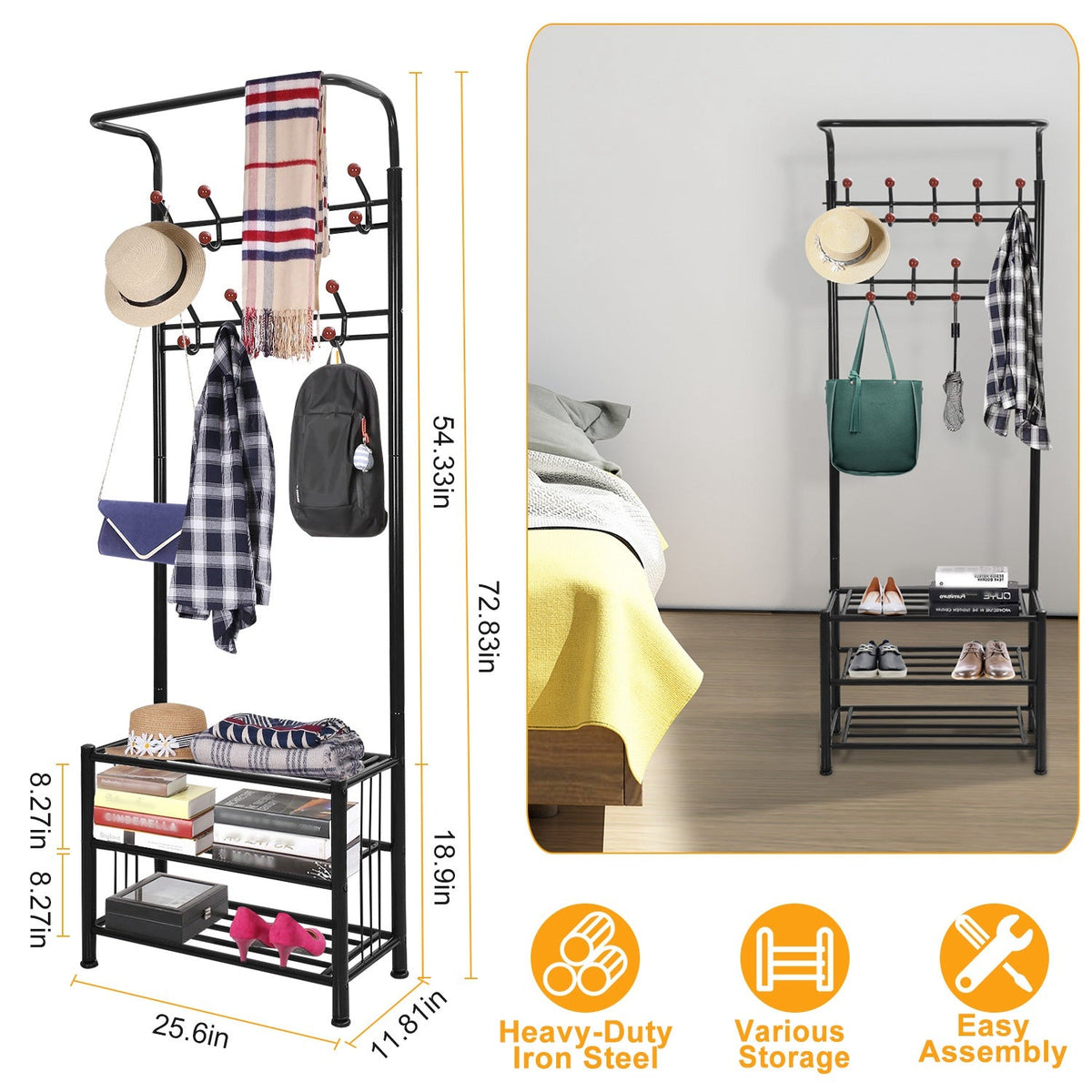 Metal Entryway Coat Shoe Rack Hall Tree w/ 3-Tier Shoe Bench Shoe Storage 18 Hooks Coat Hat Rack