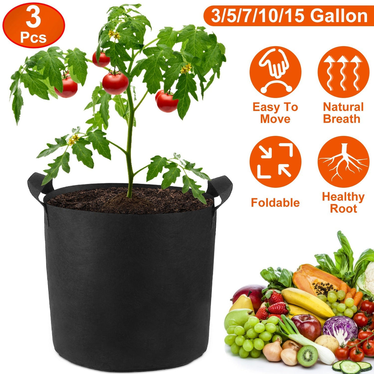 3 Pack Plant Grow Bags Potato Vegetable Planter Bags Breathable Planting Fabric Pots 7Gallons