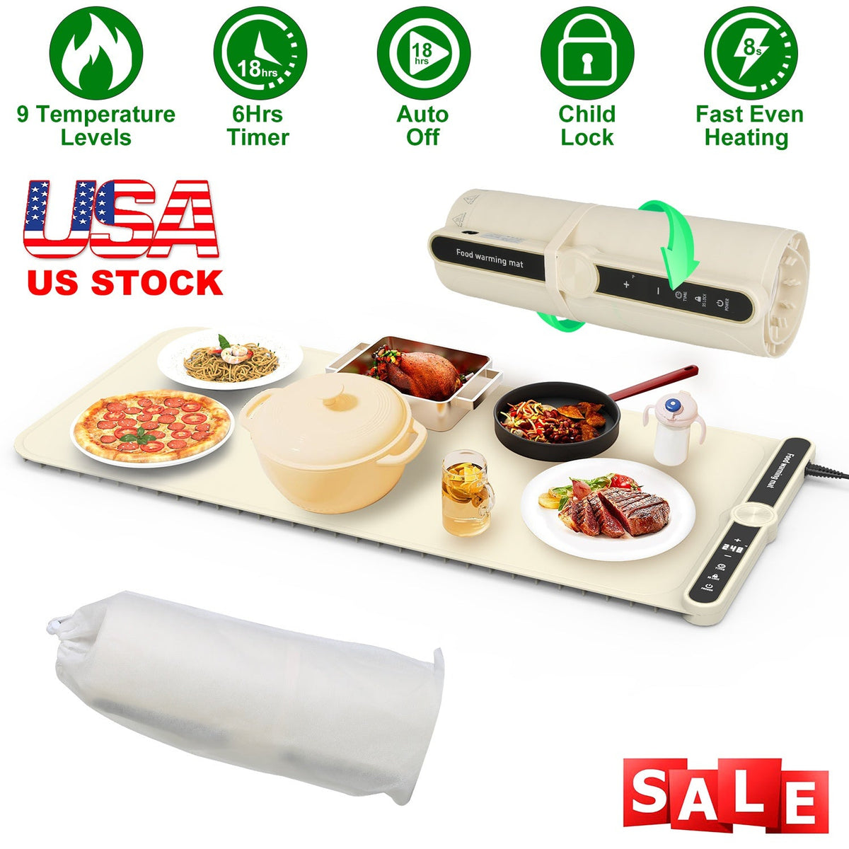 Silicone Food Warming Mat With 9 Temperature Levels 6Hrs Timer Child Lock Auto Shut Off Roll-Up Electric Warming Tray For Party Buffet Gathering Daily
